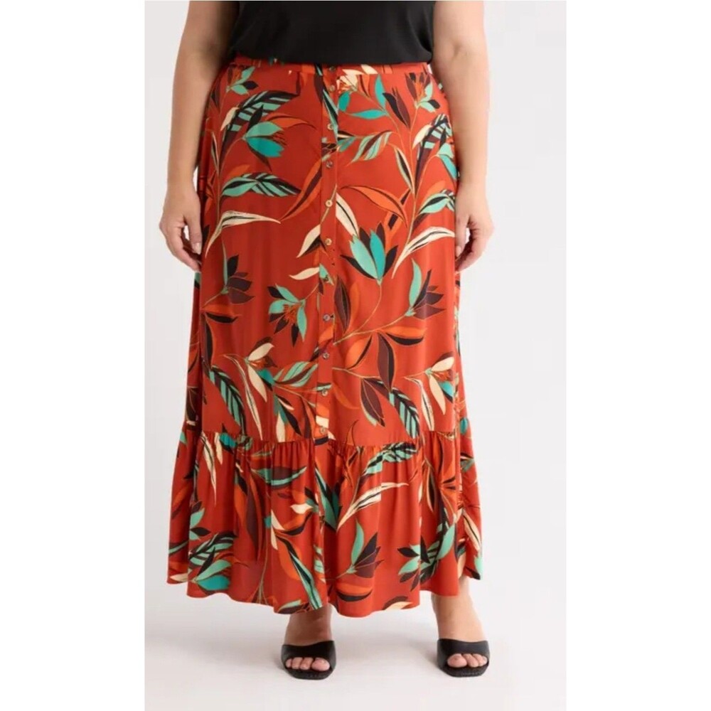 DR2 Maxi Skirt Women's Size Small Orange Floral Button Front Boho Flowy Rayon